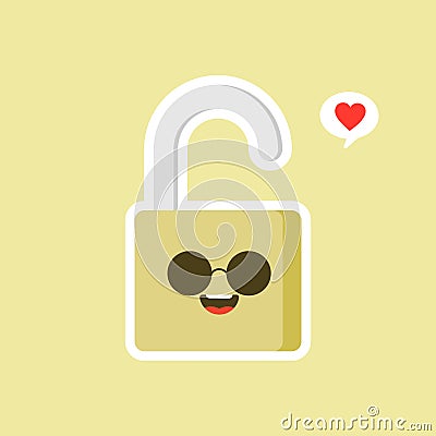 open padlock icon. safe secure padlock kawaii character. Smiling padlock color icon. Reliable password. Protection, security. Easy Vector Illustration