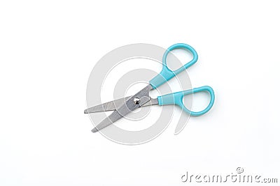 Open pair of scissors with blue handle isolated on white background, top view Stock Photo