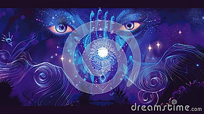 Open Palm Channeling Spiritual Energy in Cosmic Waves Stock Photo