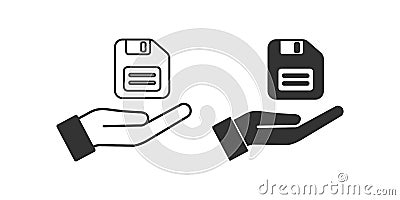 Open palm and floppy disk icon. Hand and diskette symbol. Sign Human and memory vector Vector Illustration