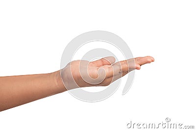 Open the palm of the left hand for entreat something Stock Photo