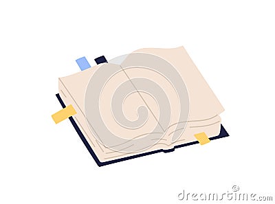 Open paper book with empty pages and colorful bookmarks vector illustration. Colored notebook with stickers isolated on Vector Illustration