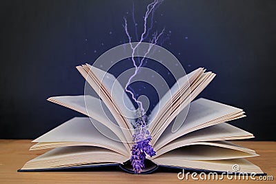 Open paper book with magic glow and lightning, concept of magic, on a wooden table, a sprig of lavender lavender instead of a Stock Photo