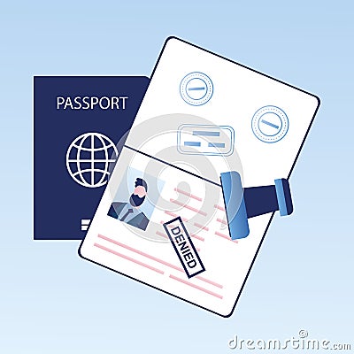 Open passport with stamp -denied, visa denial or deportation Vector Illustration