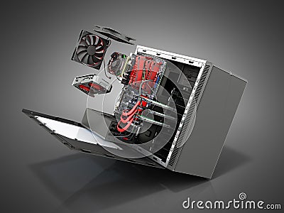 open PC case with internal parts motherboard cooler video card p Stock Photo