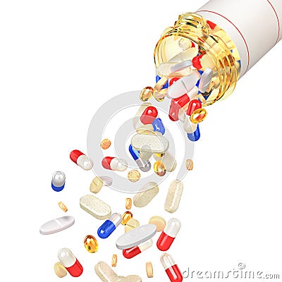 Open Pills Bottle with falling pills Cartoon Illustration