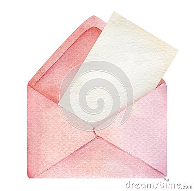 Open pink envelope with empty white blank paper. Decorative background element. Blank envelope. Hand drawn watercolor illustration Cartoon Illustration