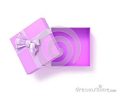 Open pink gift box top view with bow ribbon. 3D Illustration. Stock Photo