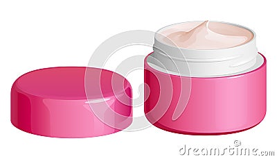 Open pink jar of face or hand cream, with a lid nearby Vector Illustration