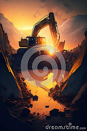 Open Pit Mining Operation at Sunset with an Excavator Mining a Wall. Generative ai Cartoon Illustration