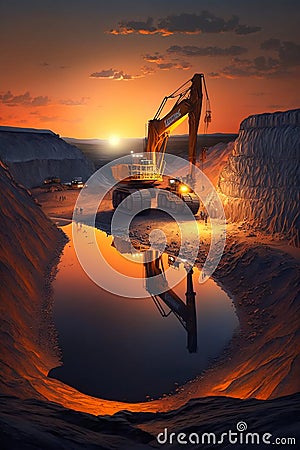 Open Pit Mining Operation at Sunset with an Excavator Mining a Wall. Generative ai Cartoon Illustration