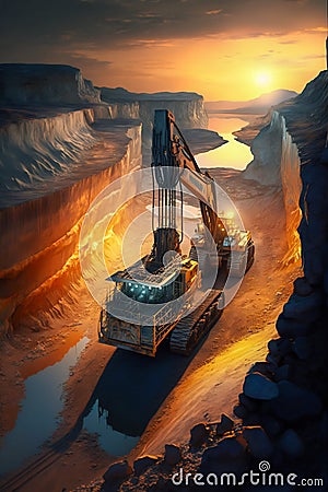 Open Pit Mining Operation at Sunset with an Excavator Mining a Wall. Generative ai Cartoon Illustration