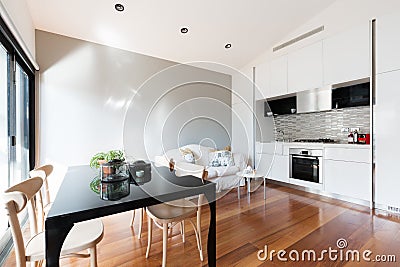 Open plan small apartment with kitchenette dining table and sofa Stock Photo