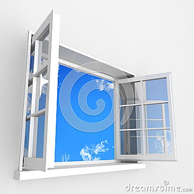 Open plastic window to blue clouds sky Stock Photo