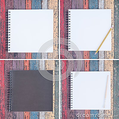 4 Open purple notebook and pen on vintage wood table for background and text Stock Photo