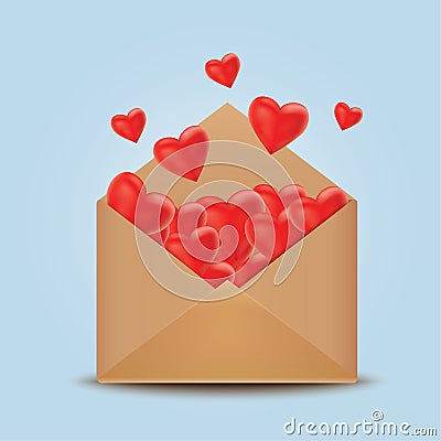 Open realistic envelope with red hearts. Vector Illustration