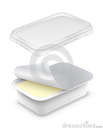 Open rectangular plastic container with foil and transparent lid. Vector packaging mockup 3D illustration Vector Illustration