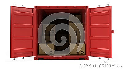 Open red cargo freight shipping container with cardboard boxes isolated on white Cartoon Illustration