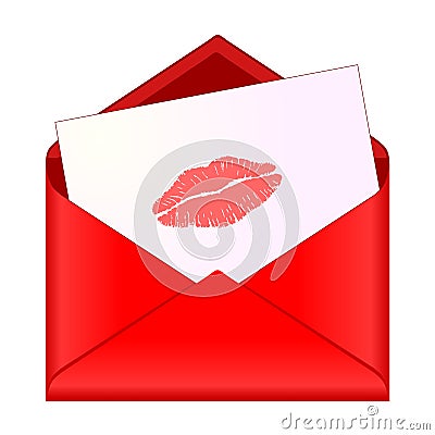 Open red envelope with lipstick kiss on letter Vector Illustration