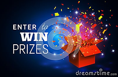 Open Red Gift Box and Confetti on blue background. Enter to Win Prizes. Vector Illustration Vector Illustration