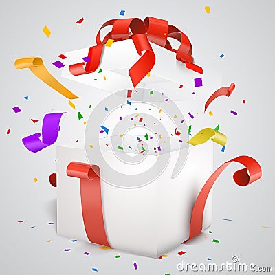 Open Red Gift Box and Confetti and streamers. Vector Illustration