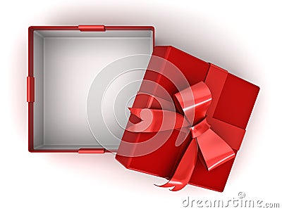 Open red gift box or present box with red ribbon bow and empty space in the box on white background Stock Photo