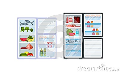 Open Refrigerator or Fridge as Home Appliance for Food Storage with Foodstuff Inside Vector Set Vector Illustration