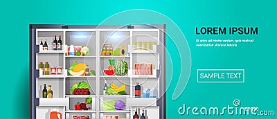 Open refrigerator side by side fridge full of fresh food copy space vector illustration Vector Illustration