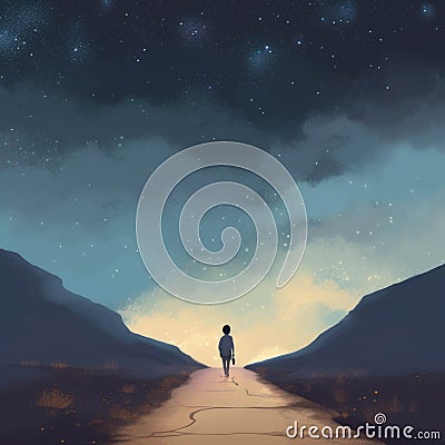 An Open Road With An Orphaned Child Walking In The Middle Only Pausing