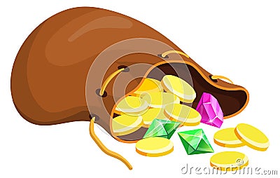 Open sack full of golden coins. Game treasure Vector Illustration