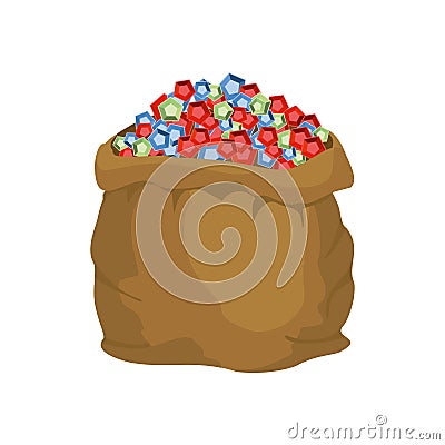 Open sack full of jewels. Bag with diamonds and sapphires. Vector Illustration