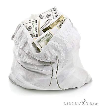 Open sack full of money dollars Stock Photo