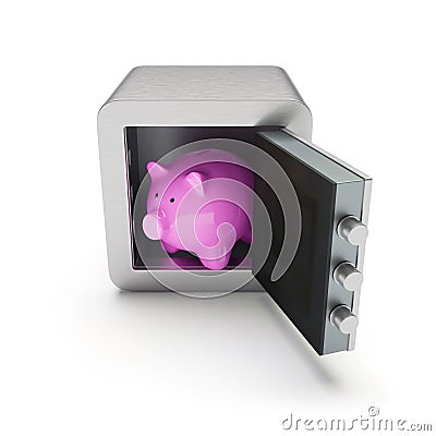 Open safe box with pink piggybank inside Stock Photo