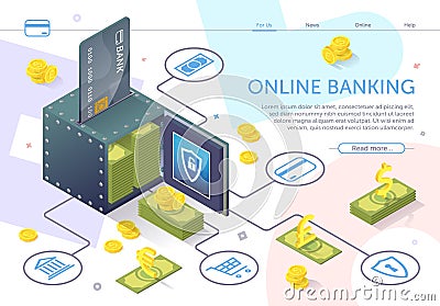 Open Safe with Stack Banknotes. Online Banking. Vector Illustration