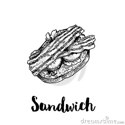 Open sandwich with bacon strips, cream cheese, cucumber and lettuce leaves. Top view. Ciabatta grilled bread. Hand drawn sketch st Vector Illustration