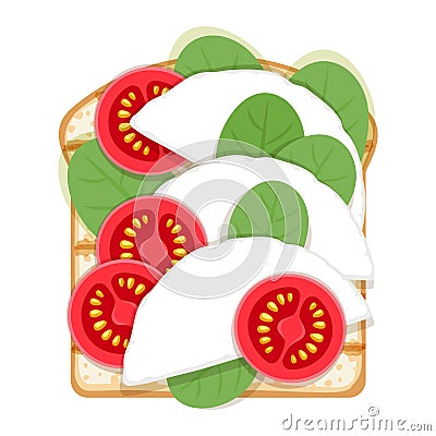 Open sandwich with spinach, soft cheese and tomato slices. Vector Illustration