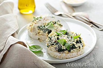 Open sandwiches with spinach and crab meat Stock Photo