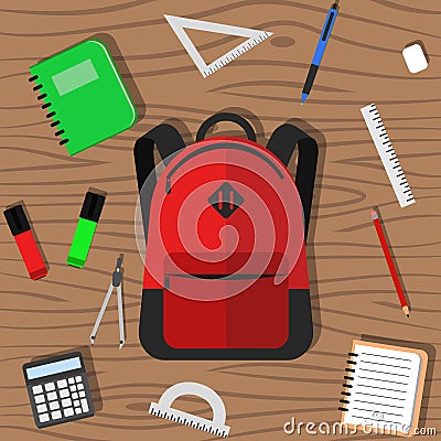 Open school backpack with school supplies in it flat vector. Vector Illustration
