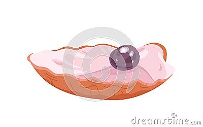 Open shell with white pearl and pink flaps. Front view of seashell with ball of shiny mother of pearl inside and wavy Vector Illustration