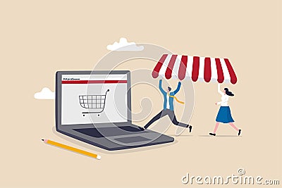 Open shop online, start e-commerce store selling product online, build website create virtual store in the internet concept, Vector Illustration