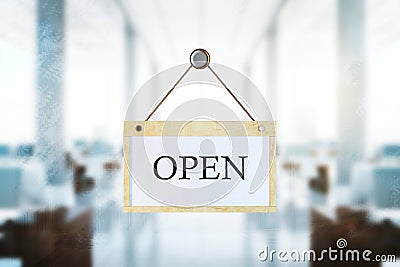 Open sign on blurry office background Stock Photo