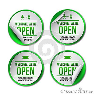 Open sign on green label - welcome back. Set of Information sign for front the door about working again. Vector Illustration