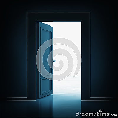 Open single door in darkness to light room 3D Cartoon Illustration