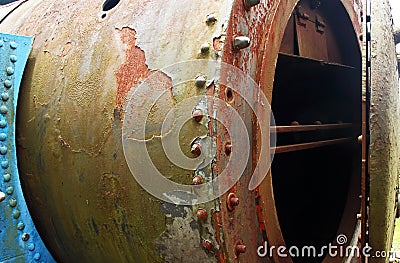 OPEN SMOKE STACK DOOR ON THE FRONT OF AN OLD RUSTED STEAM LOCOMOTIVE Stock Photo