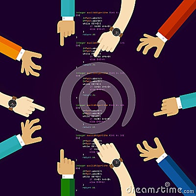 Open source software coding programming development together. many hands working together. concept of teamwork Vector Illustration