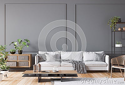Open space living room interior mockup, white sofa, rattan chair, lots of fresh plants and wooden coffee on empty gray wall Stock Photo