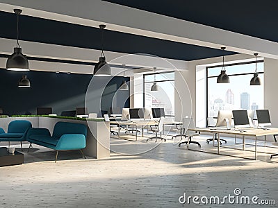Open space office interior with blue sofa area Stock Photo