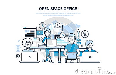 Open space office. Interior of the room. Collaboration, partnerships, teamwork. Vector Illustration