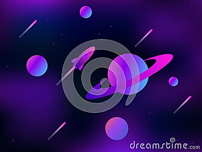 Open space. Planets, meteors and space rocket. Space exploration. Modern trend gradient. Vector Vector Illustration