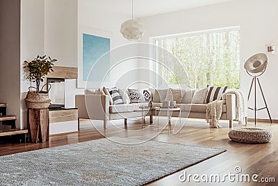 Open space, white living room interior with a big rug on dark, hardwood floor and a beige corner sofa with cushions Stock Photo